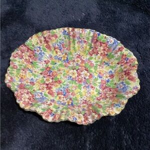 Vintage James Kent Apple Blossom Chintz Ruffled Edge Oval Bowl 9.5”